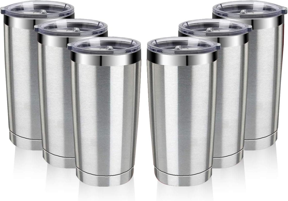 6 Pack 20oz Stainless Steel Tumbler with Lid, Vacuum Insulated Tumbler Cup, Double Wall Coffee Tumbler, Powder Coated Travel Coffee Mug(Silver)