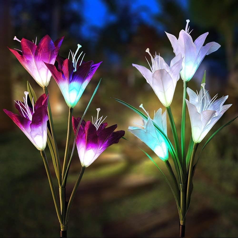 Outdoor Solar Garden Stake Lights 7 Color Changing Solar Powered Light for Path/Backyard (2 Pack Lily Flower, Purple White)