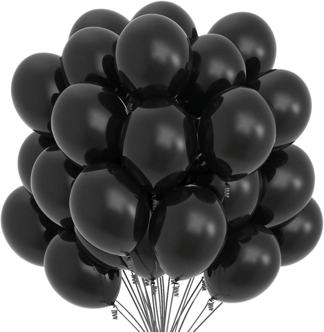 Prextex 75 Black Party Balloons 12 Inch Black Balloons with Matching Color Ribbon for Black Theme Party Decoration, Weddings, Baby Shower, Birthday Parties Supplies or Arch Décor - Helium Quality