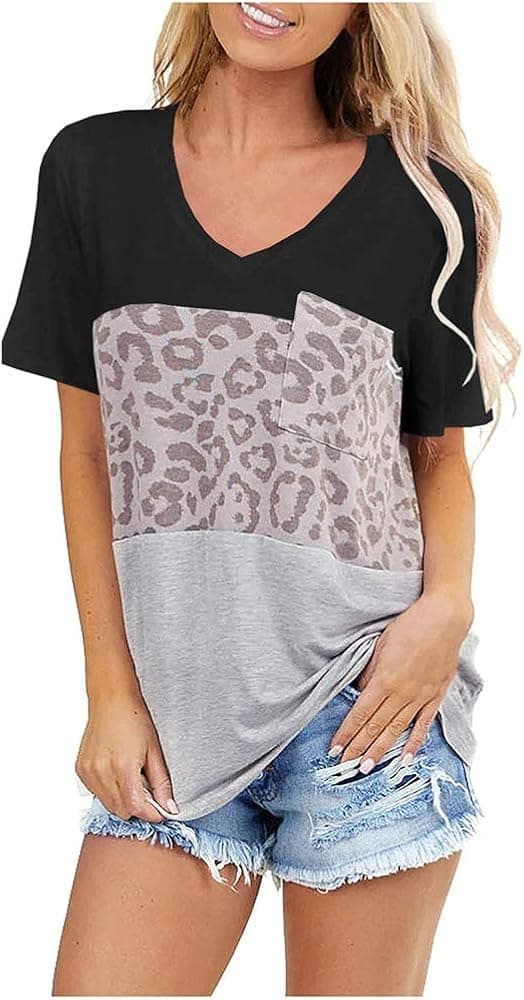 Langwyqu Womens Short Sleeve V Neck Leopard T-Shirts Color Block Loose Fit Tee Shirts with Pocket