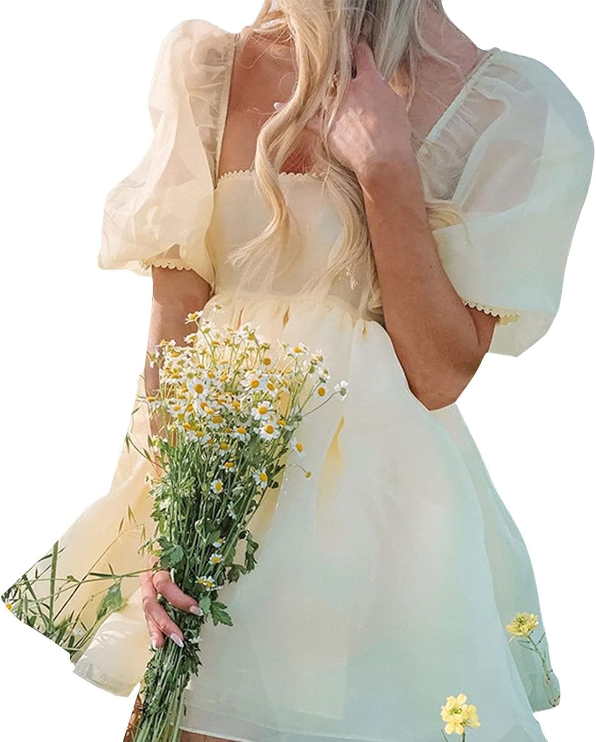 Women's Puff Sleeve Tulle Princess Dress Off Shoulder Square Collar Mini Dress Puffy Mesh Party Prom Evening Dress
