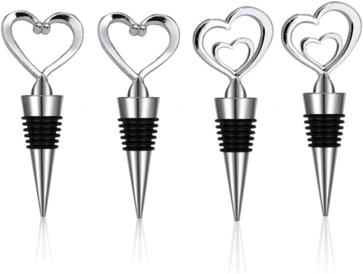 Wine Stoppers 4Pcs Sweet Heart Design Zinc Alloy Reusable Wine Bottle Stopper for Keeping Wine Fresh Decorative Gifts for Lover, Holiday Party, Wedding Party, Christmas Party