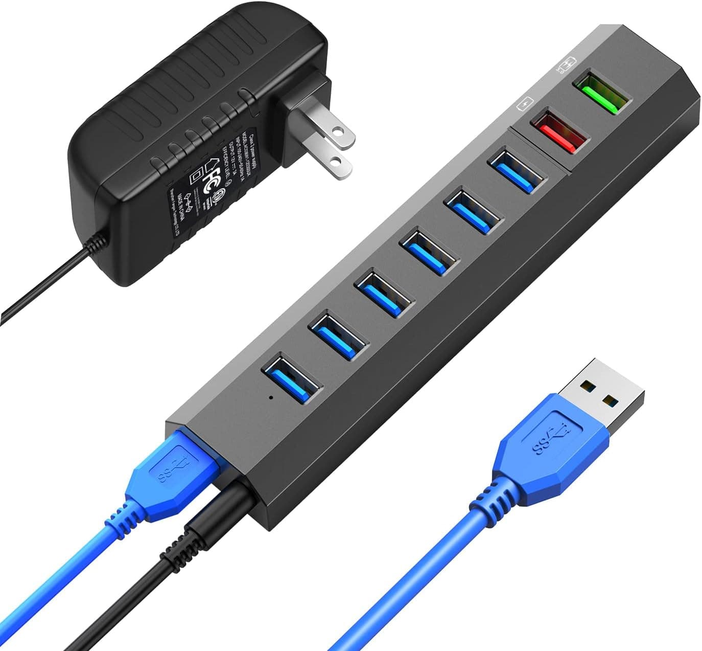 USB Hub, RAOYI 8 Ports High Speed USB 3.0 Hub Splitter with 36W Power Adapter, 3.3ft Cable and Smart Fast Charger Powered USB Hub for Laptop, PC, Mobile HDD, Mulitple Devices (Gray)
