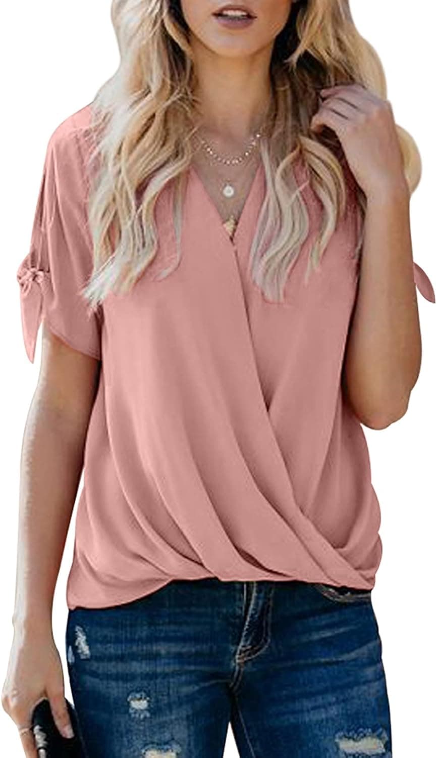 HOTAPEI Womens Casual Short Sleeve Tops Summer Wrap V Neck Chiffon Blouses Loose Fit Shirts