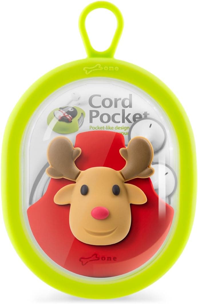 Bone Cord Pocket, Earbuds Holder Case Earphones Cord Wrap, Silicone Headsets Winder Tangle-Free Cable Management Portable Organizer Cute Animal Cartoon Design - Red/Reindeer