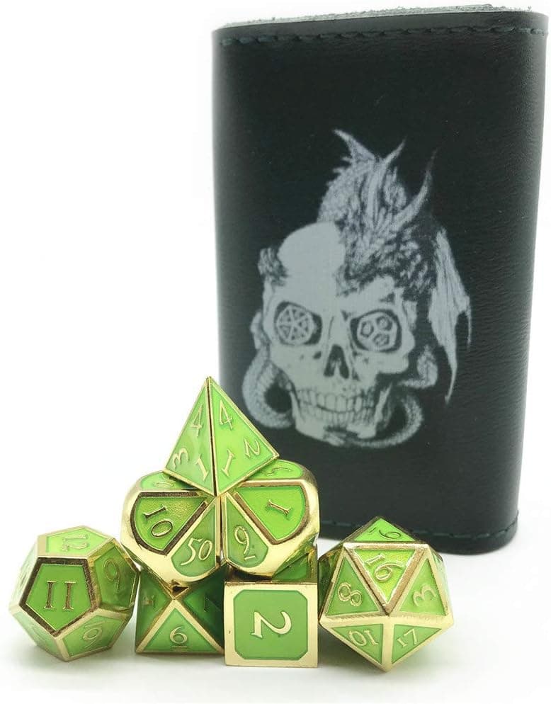 Truewon Solid Metal Polyhedral Dice for Dungeons and Dragons, Pathfinder and Other RPGs. (Set of 7+Green PU Box / Golden & Light Green Background)