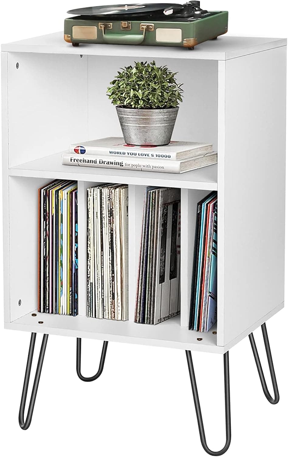 Record Player Stand with Record Storage Turntable Stand Vinyl Record Storage Cabinet with Metal Hairpin Legs Record Player Table Holds Up to 150 Albums for Living Room Bedroom(White)