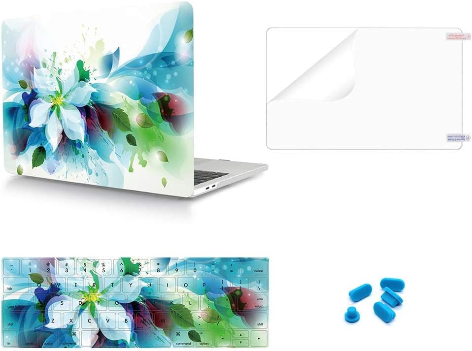 WYGCH 4 in 1 Plastic Pattern PC Hard Shell & Keyboard Cover & Screen Protector &Dustproof Plug for Mac Pro 15 Inch with Touch Bar A1990/A1707 2018 2017 2016 Release,Blue Floral