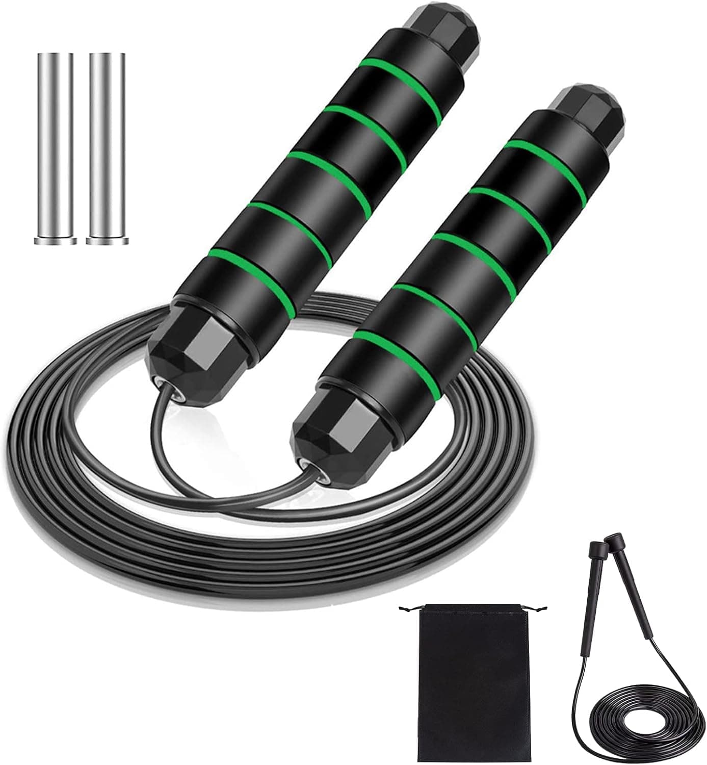LOKNGXU Jump Rope Speed Workout Fitness with Ball Bearings Fast Jump Rope No Tangle Cable Non-Slip Memory Foam Handle Adjustable Jump Rope (Weighted Green)
