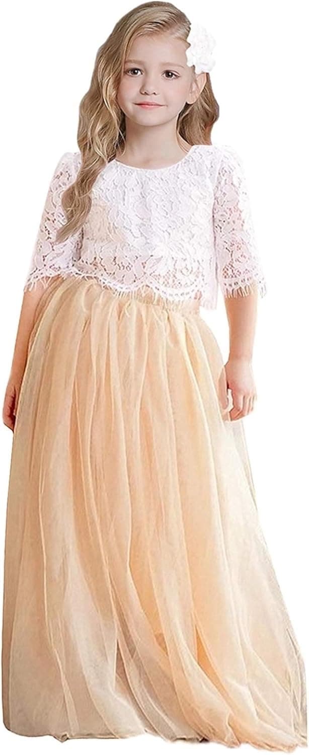 2Bunnies Girl Floral Scallop Lace Tutu Tulle Boho Bohemian Flower Girl Dress