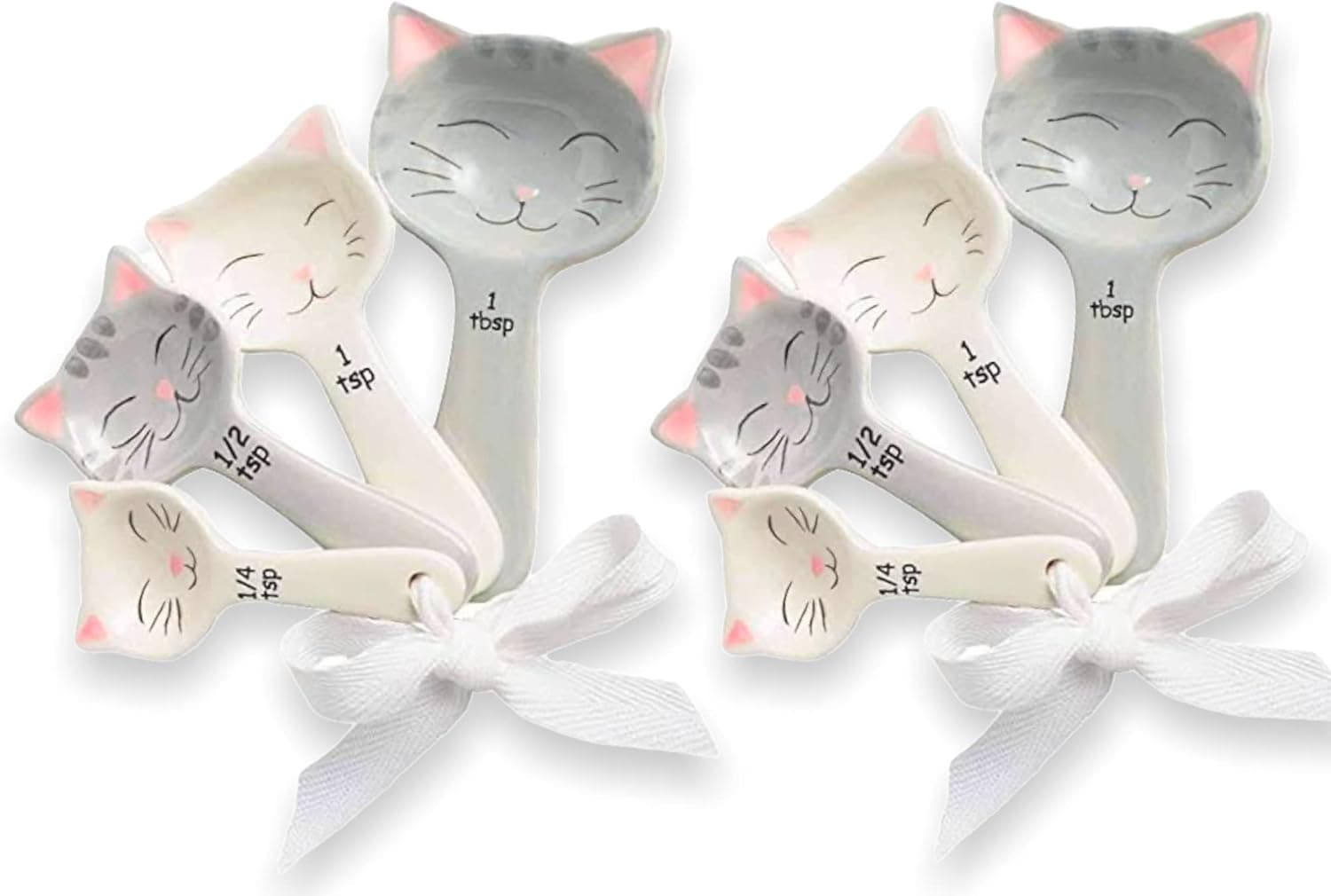 Cat Measuring Spoons, Cat Shaped Ceramic Measuring Spoon, Cat Mom Gift, Cat Mom Baking Utensil Set, Cat Lover Themed Farmhouse Decor for Kitchen with Ribbon Tie 5-Piece Set by Goodscious (Pack of 2)