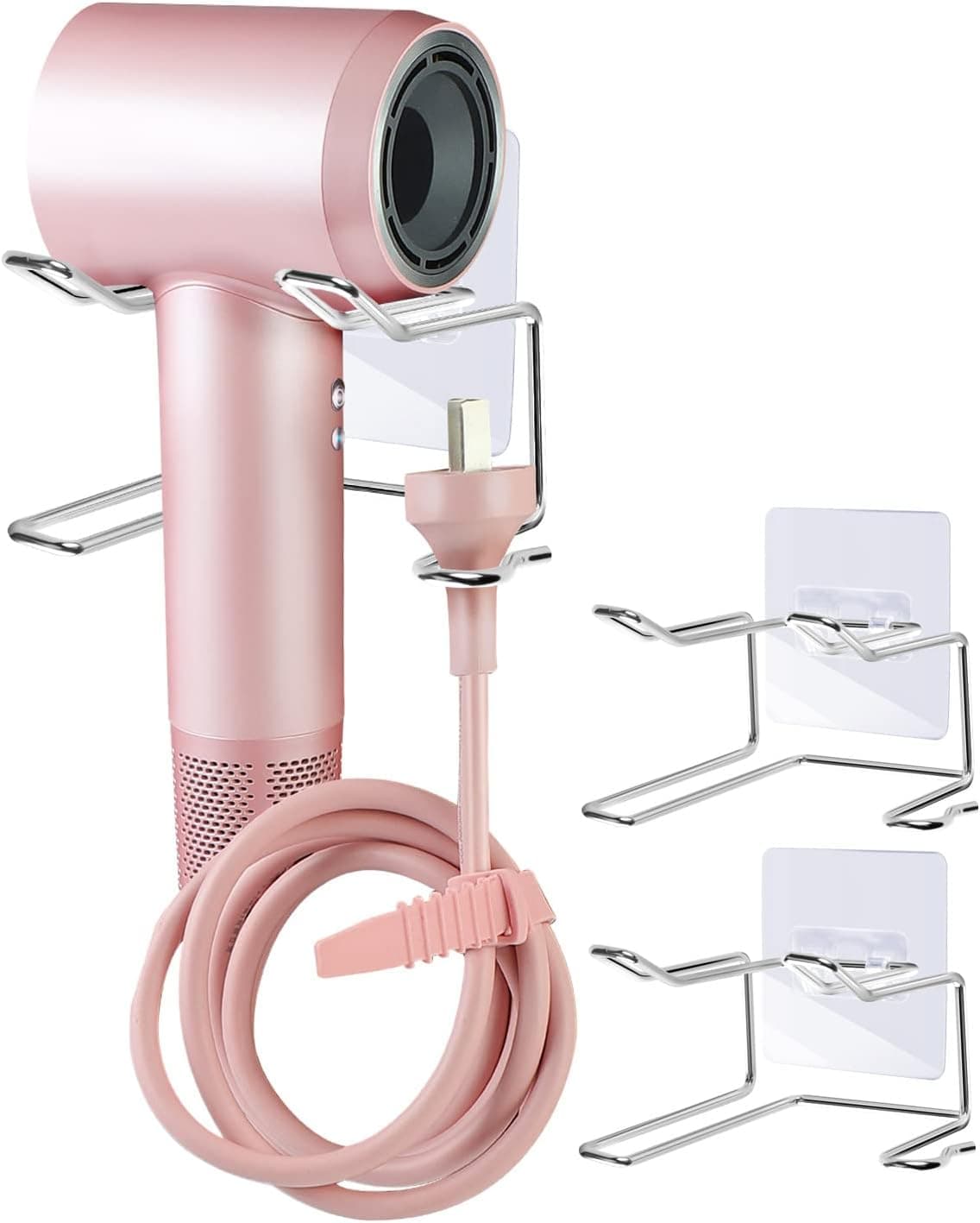 2 Pcs Hair Dryer Holder Wall Mounted, Hair Dryer Stand Self Adhesive Stainless Steel Bathroom Organizer (Silvery)