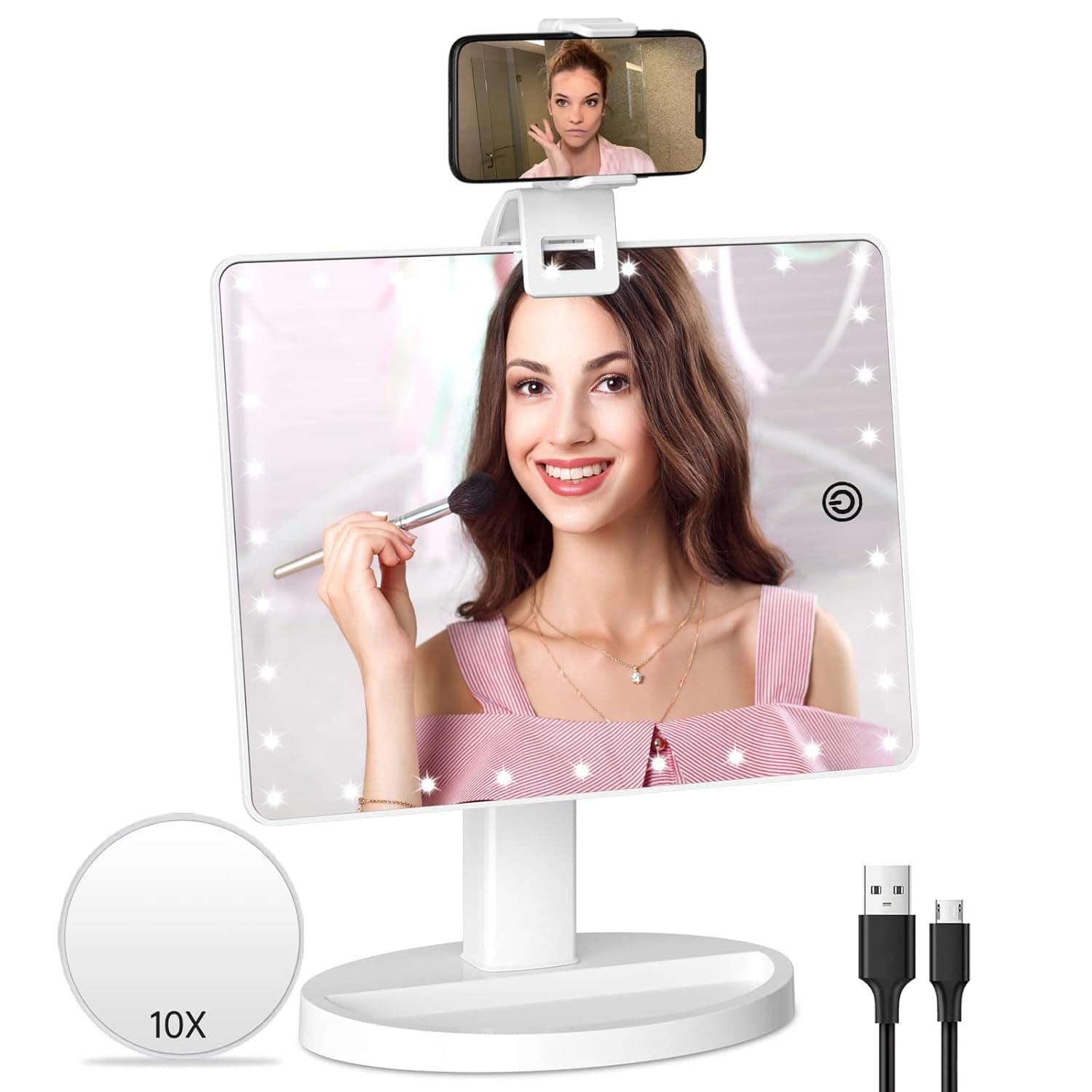 Lighted Makeup Vanity Mirror with Phone Holder,Makeup Mirror with Lights and Detachable 10X Magnification, Cosmetic Desk Makeup Mirror with Sensor Touch Light Dimmable, 360°Rotation, Dual Power Supply