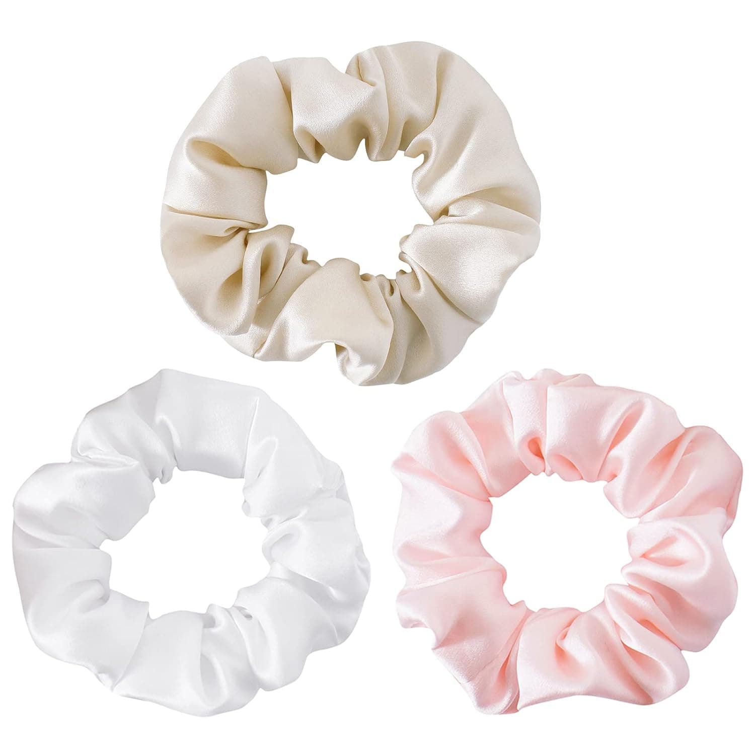 SOBONNY Silk Hair Scrunchies, 100% Mulberry Silk Hair Ties, No Damage for Frizz Prevention, Sleep and Night Scrunchie, Hair Accessories for Women (Beige, White, Pink)-3pack