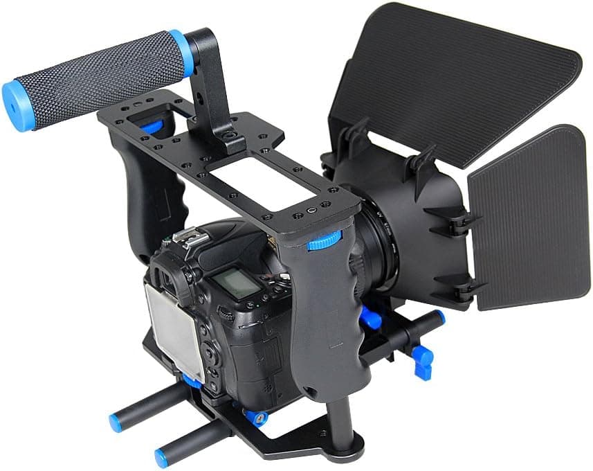 Aluminum Alloy Camera Movie Video Cage Kit Film Making System Includes (1) Video Cage+(1) Top Handle Grip+(2) 15mm Rod+(1) Matte Box+(1) Follow Focus Compatible with DSLR Camera Canon Nikon Sony