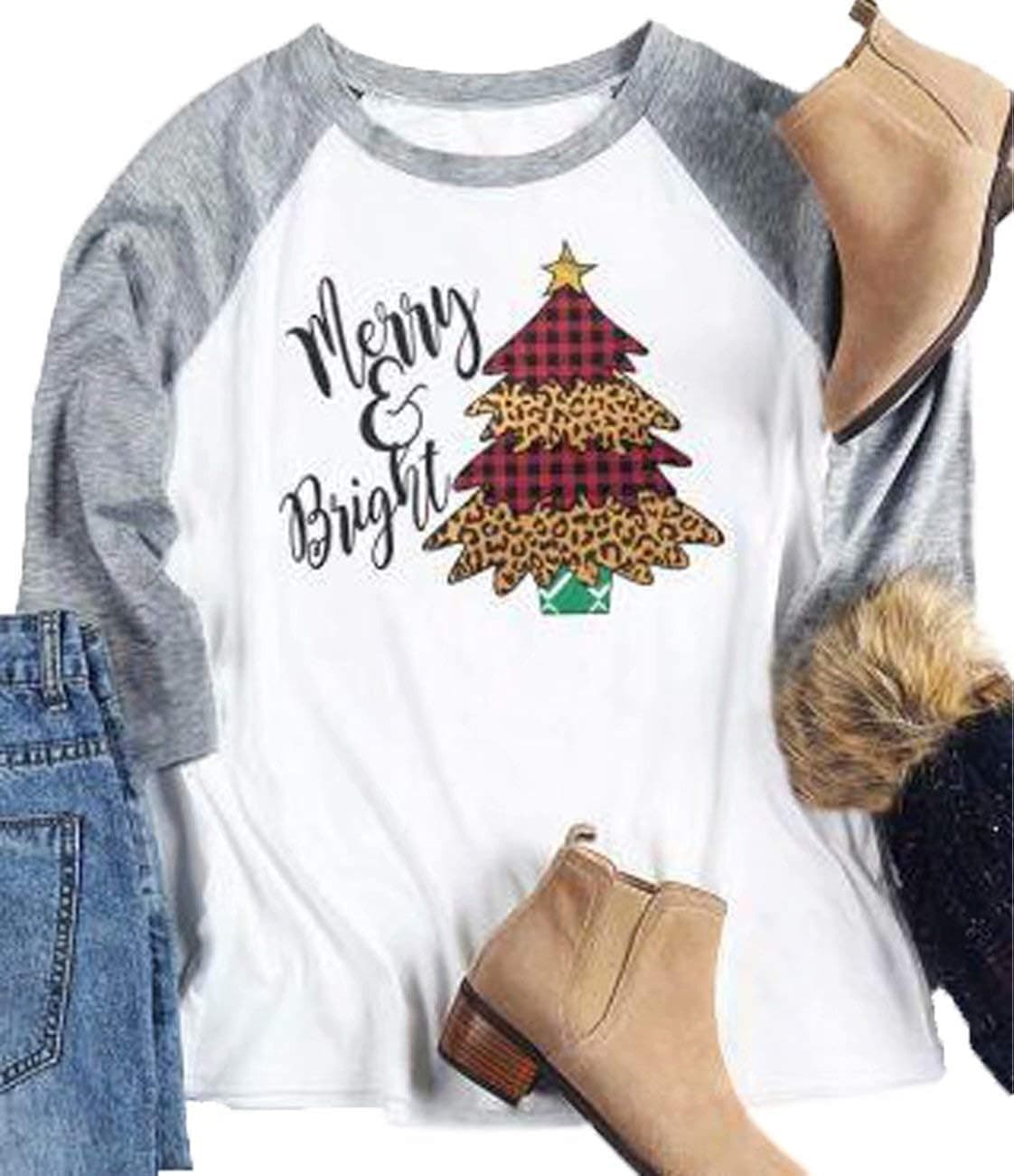 Merry Bright Christmas T Shirt Women Plaid Leopard Christmas Tree Graphic Shirt 3/4 Splicing Baseball Tee