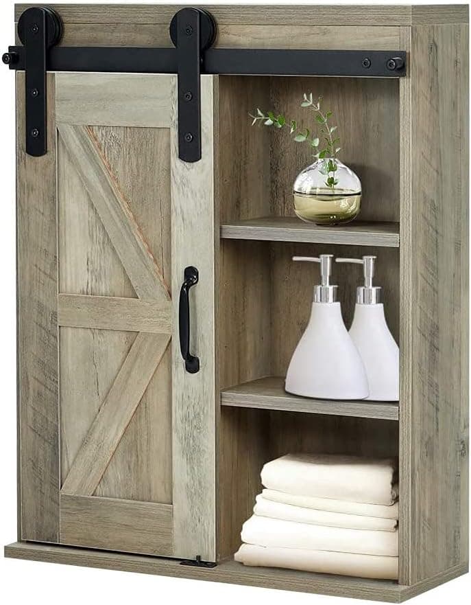 YOLENY Wood Wall Storage Cabinet with Sliding Barn Door,3-Tier Organizer Bathroom Cabinet with Adjustable Shelf Freestanding Furniture,Grey