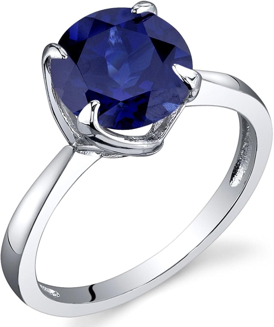Peora Created Blue Sapphire Classic Solitaire Ring for Women 925 Sterling Silver, 2.75 Carats Round Shape 8mm, Comfort Fit, Sizes 5 to 9