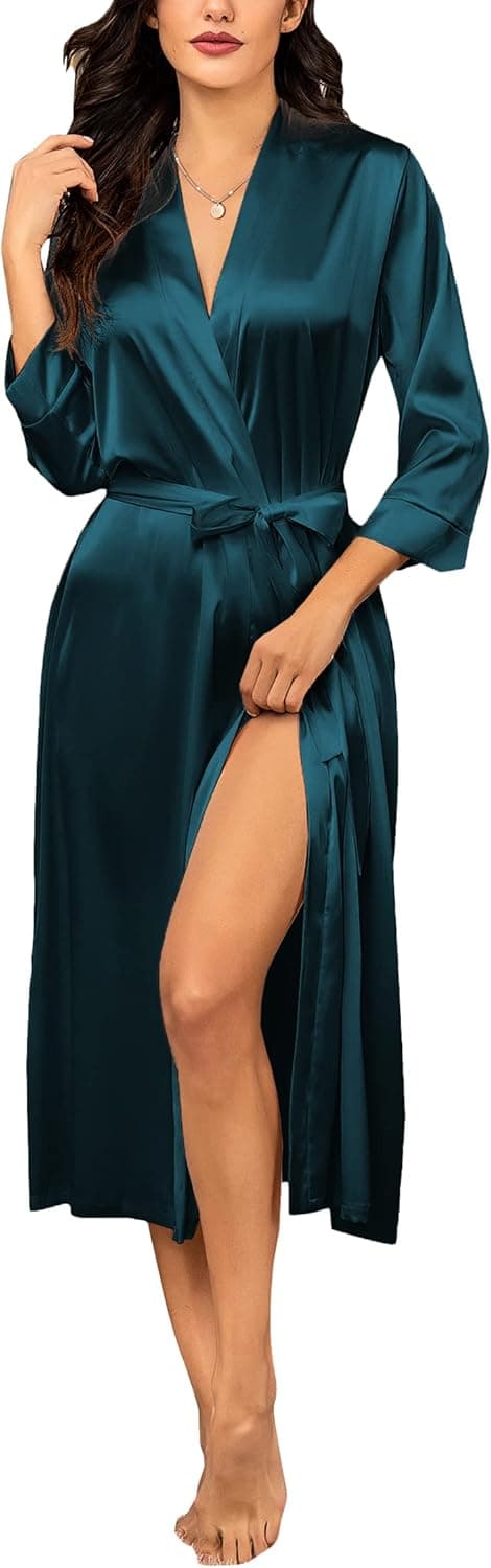 Hotouch Silk Robes for Women Long Bridesmaid Wedding Party Satin Robes Sleepwear with Pockets