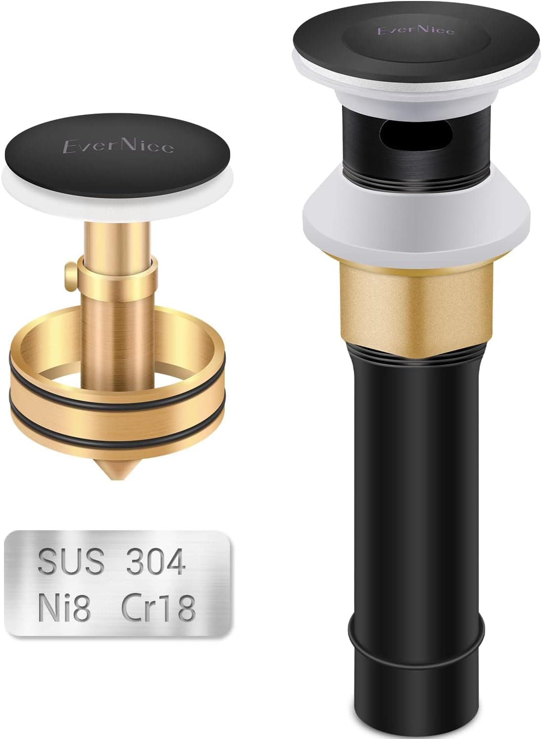 EverNice Bathroom Sink Drain, Pop Up Black Sink Drain with Overflow, Detachable Brass Strainer Basket, Anti-Rust Hair Catcher, Anti Clog Sink Drain Stopper, Brushed Nickel, Rust-Proof SUS304