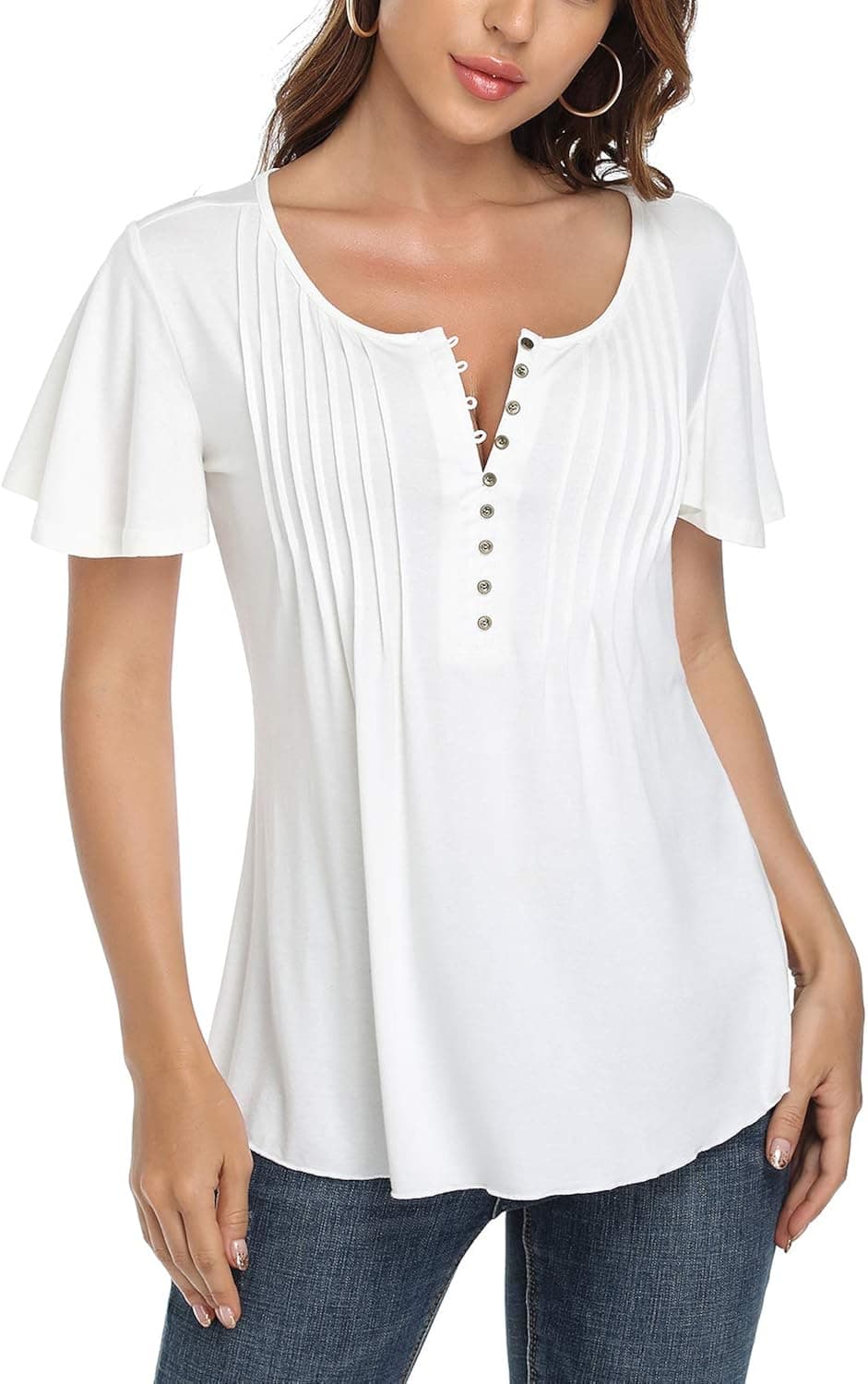 andy & natalie Women's Peasant Tops Henley Button Down Blouses Pleated Ruffle Short Sleeves Floral Tunics Shirts White