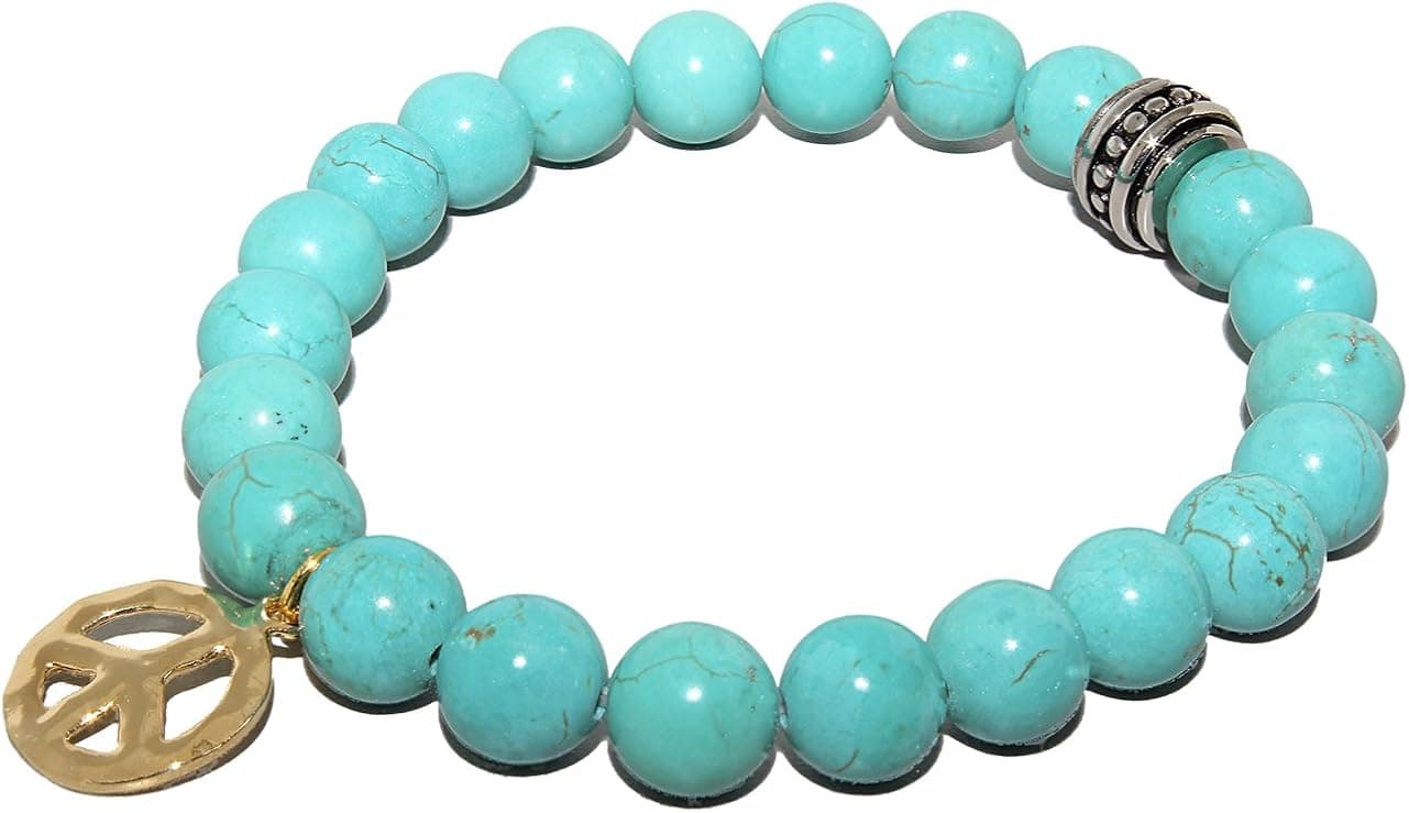 Turquoise Stretch Bracelet with Peace Sign Charm & Stainless Steel Bead Accent