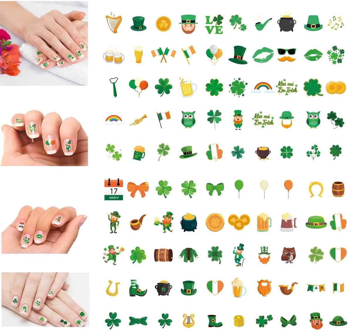 CLOOOUDS St. Patrick’s Day Nail Art Stickers Shamrock Decals Leprechaun DIY Nail Sticker Luck of The Irish Nail Art Sticker Decoration for Women, Kid, Girl 400 PCS
