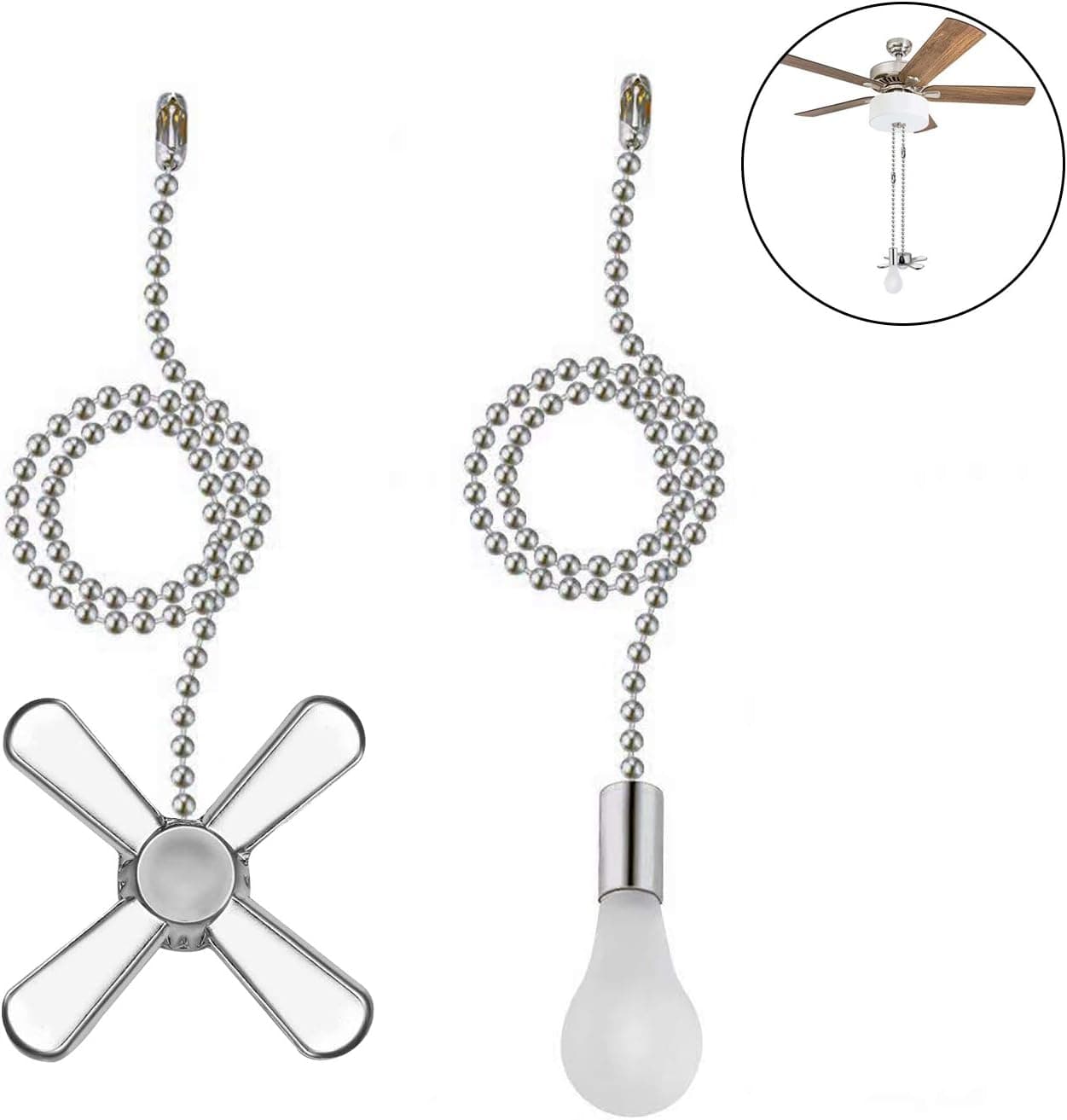 SEALUXE Copper Ceiling Fan Pull Chain, 3.0mm Diameter Beaded Pull Chain,Creative Design and Quick Identification 16.5-inch Copper Chain with Connector-One Pair (Q, Nickel)