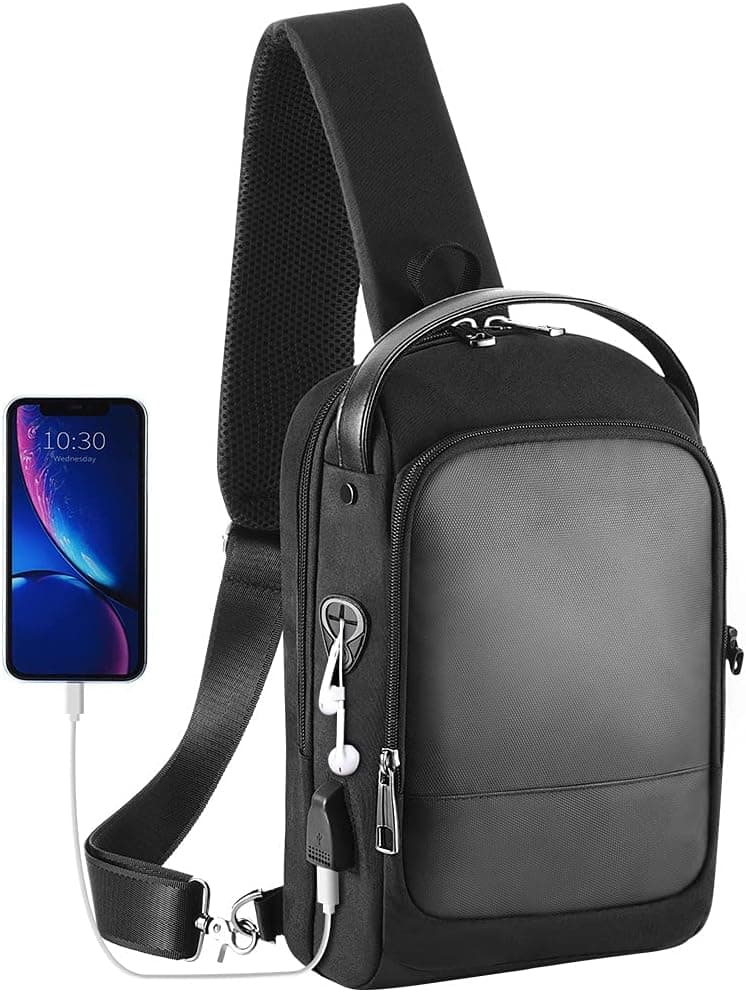 Sling Bag Backpack Crossbody Men - with USB Charge Shoulder Purse Chest Pack Waterproof Large Tactical for Casual Travel Hiking Fishing Outdoor Slingbag Daypack (Black)