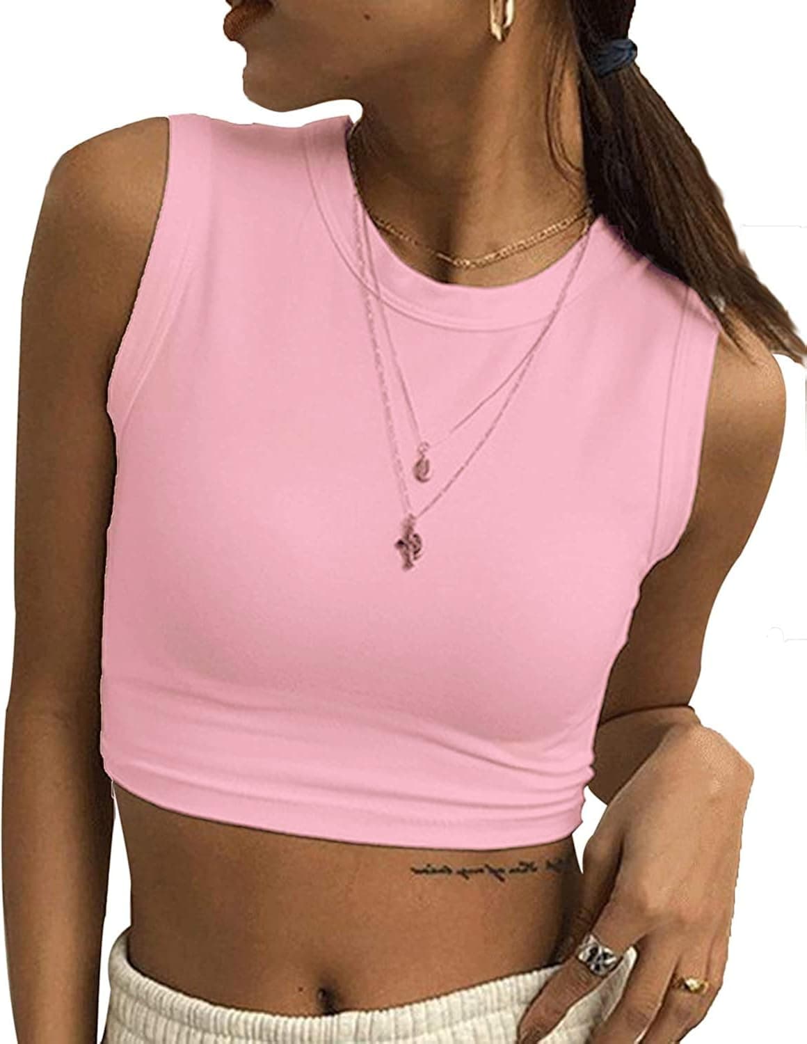Minthunter Women's Crop Tank Tops Casual Crew Neck Vest Sleeveless Crop Tops
