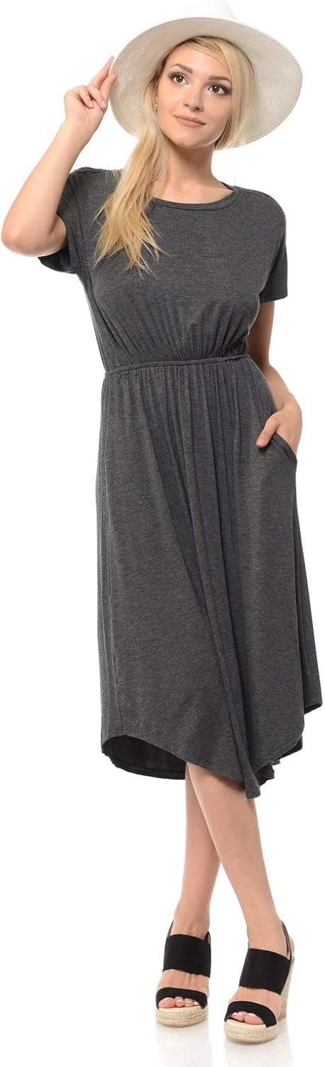 iconic luxe Women's Short Sleeve Flare Midi Dress with Pockets in Solid and Floral