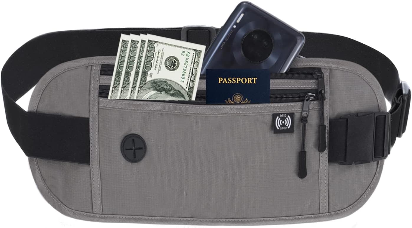 Travel Money Belt for Men and Women, Hidden RFID Technology Passport Wallet, Slim Travel Belt to Protect Your Money, Passports and Documents (Light Grey)