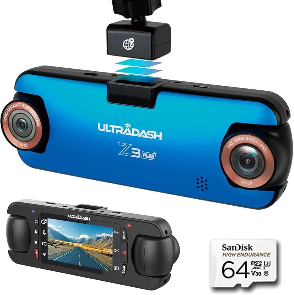 UltraDash Z3+ Standard Edition + 64GB SD Card - Dual Lens Dash Cam High Endurance SD 2K 1440P Telephoto Zoom-in Lens 140° Wide Angle Super Capacitor for Commute