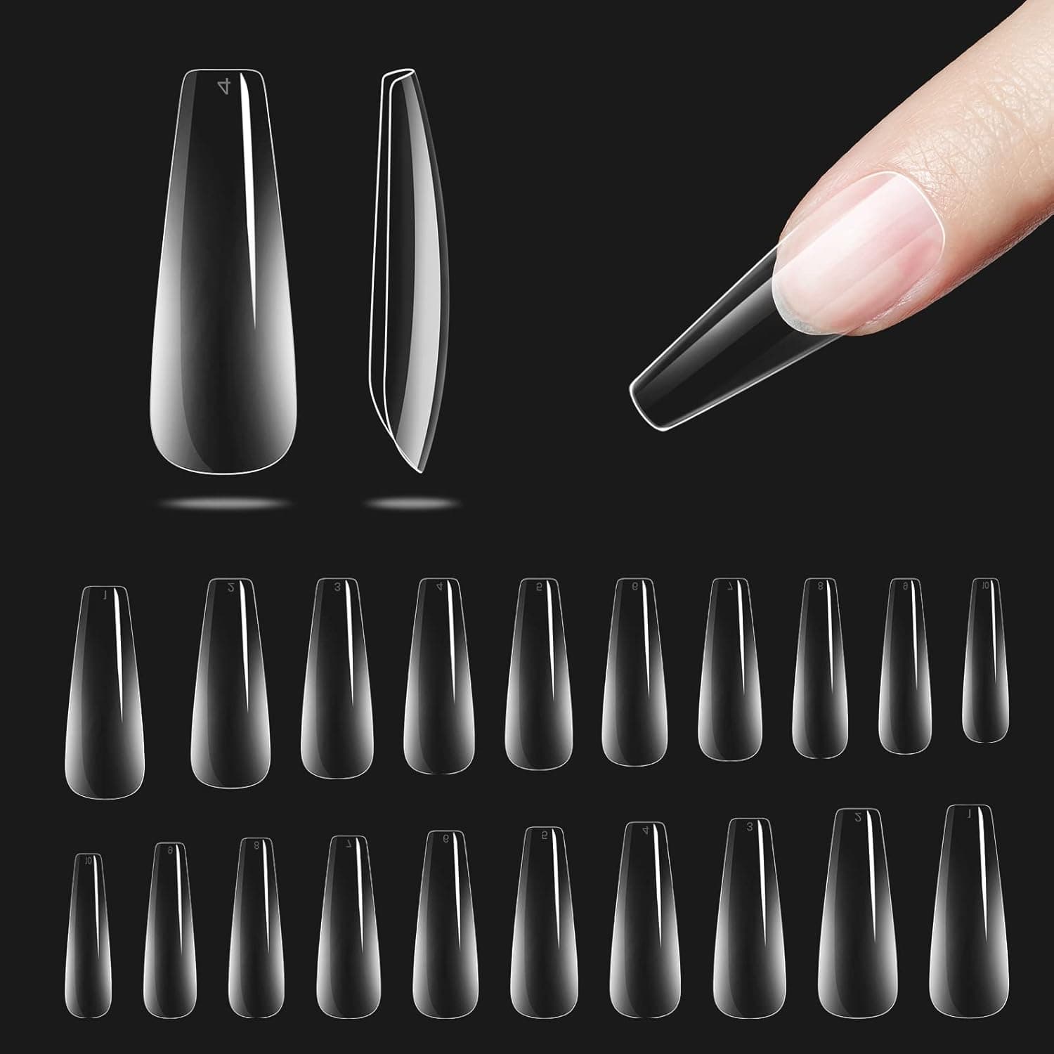 Beetles Gel Tips Refill Pack Coffin Long Shape, 200pcs NO.4 Separate Size Pre-shaped Clear Full Cover False Nails, Easy Nail Extensions Acrylic Nails False Press on Nail Tips Fast Nails Art UV LED Lamp Easy DIY Acrylic Nail Kit