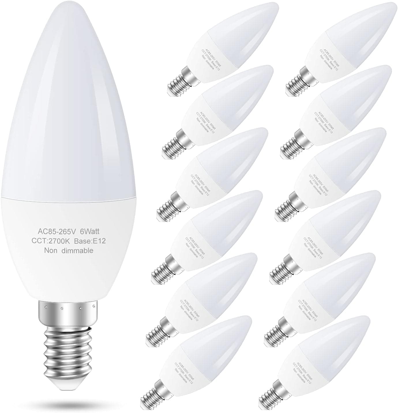 LED Candelabra Bulb, E12 LED Bulbs for Ceiling Fan, 60 Watt Led Candelabra Base Bulb Equivalent, 2700K Warm White Type B Light Bulb for Chandelier, Non-Dimmable Candle Lightbulbs, 12 Pack