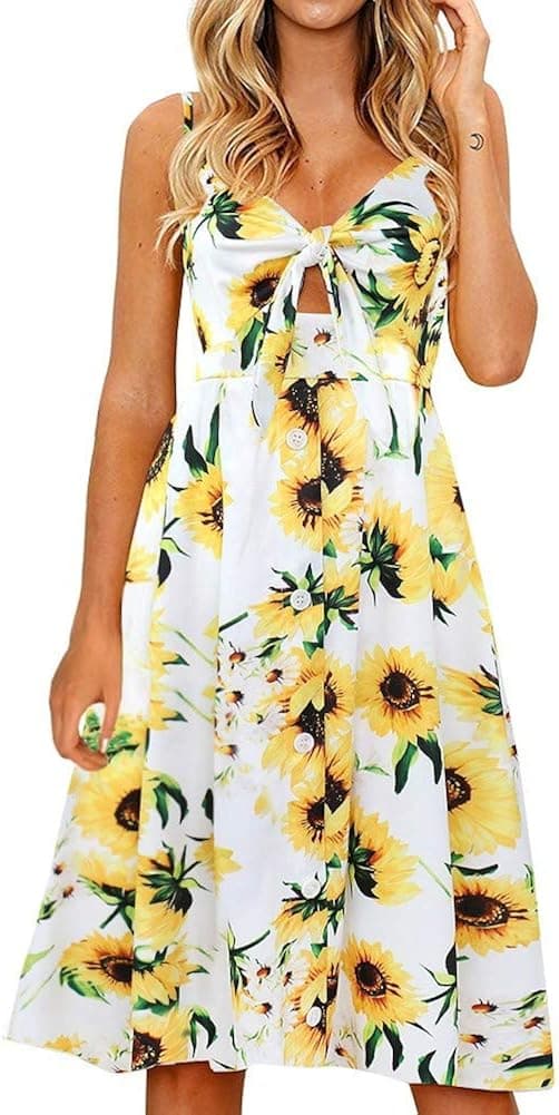 FANCYINN Womens Floral Prints Tie Front Button Down Spaghetti Strap Midi Dress