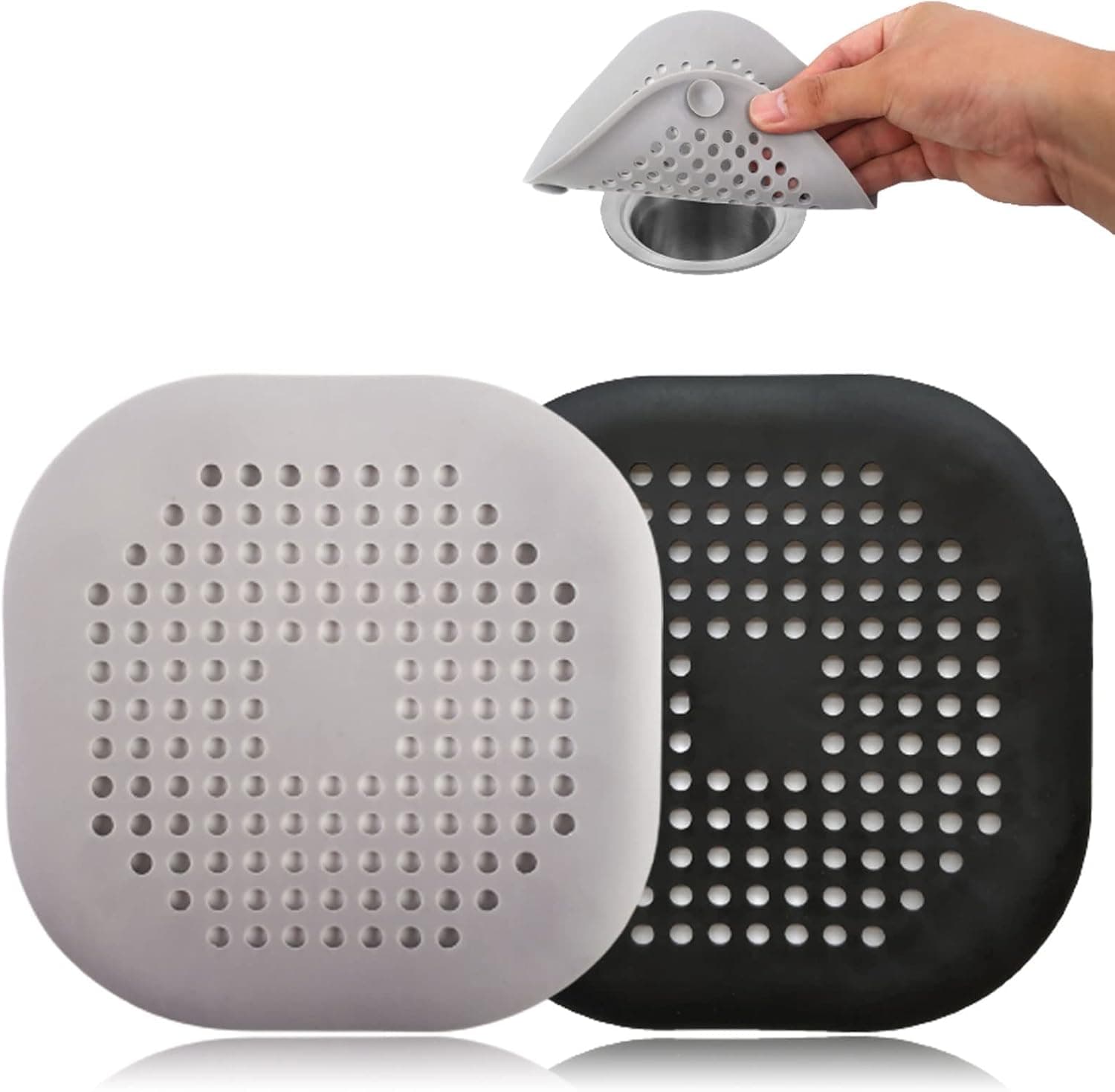 Drain Hair Catcher,Square Drain Cover for Shower Silicone Hair Stopper with Suction Cups Easy to Install and Clean Suit for Bathroom,Bathtub,Kitchen 2 Pack(Grey Black)