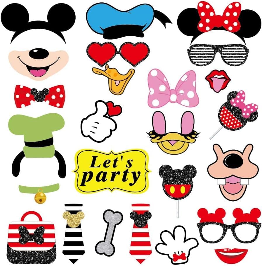 25CT Mickey Photo Booth Props with Stick,Donald Duck Selfie Props,Mickey Mouse Themed First Birthday Party Supplies,Donald Duck Themed Backdrop Decorations