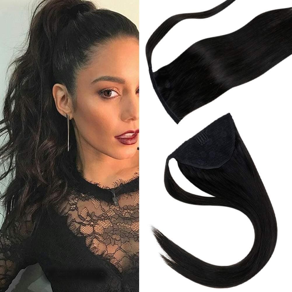LaaVoo Natual Drawstring Straight Ponytail Human Hair Extenisons Warp Around Pony Tail With One Clip to Fix 80g One Piece 16inch Natual Black(#1b)