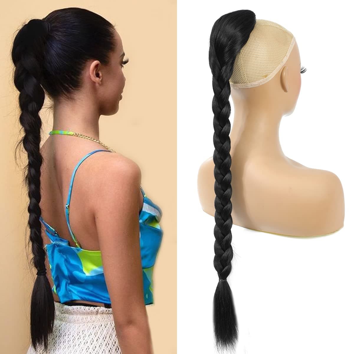 24 Inch Long Braided Ponytail Drawstring Ponytail Straight Clip On Ponytail Extension for Women Synthetic Hair Pieces Natural Black 145G