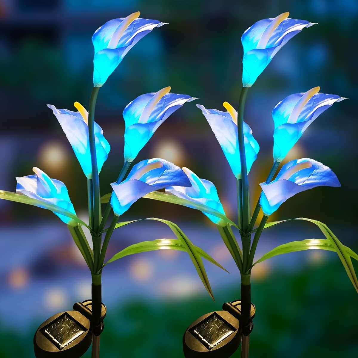 Solar Calla Lily Garden Outdoor Lights, Solar Powered LED Flower Lights, Auto Light Up Multi-Color Solar Lamp for Landscape Patio Yard Pathway Decoration (2 Pack, Blue Calla Lily)