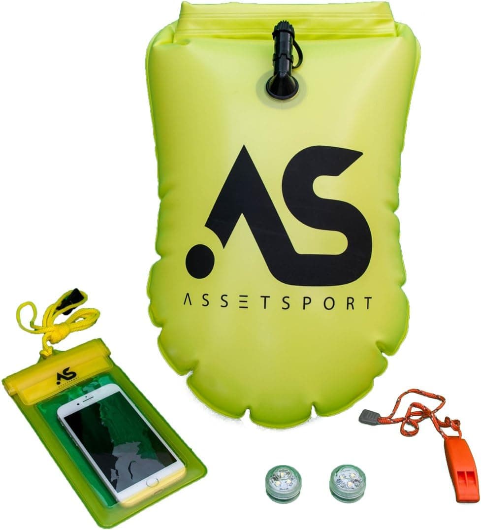 AssetSport Inflatable Swimming Buoy - Safety Swimming Buoy w/Waterproof Phone case, 2 LED Lights (Night Visibility) and Whistle - Portable for Open Water - w/Waterproof Storage for Personal Items.