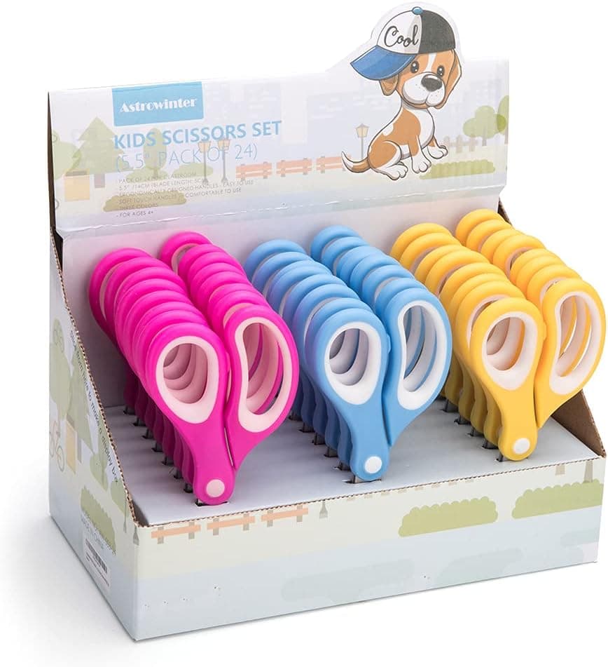 Astrowinter Kids Scissors (24 Count Teacher Pack, Rounded-tip, 5.5 Inch) - 5.5’’ Soft Touch Blunt School Student Scissors Shears AW-003-R24-A