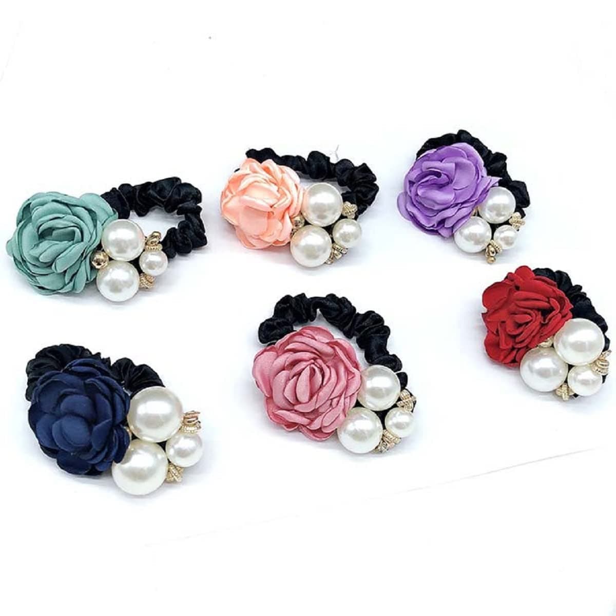KIMUWHI 6PCS Ribbon Rose Flower Pearls Rhinestone Hair Bow Holder Elastic Rubber Band Hair Ties Bridal Women Hair Jewelry