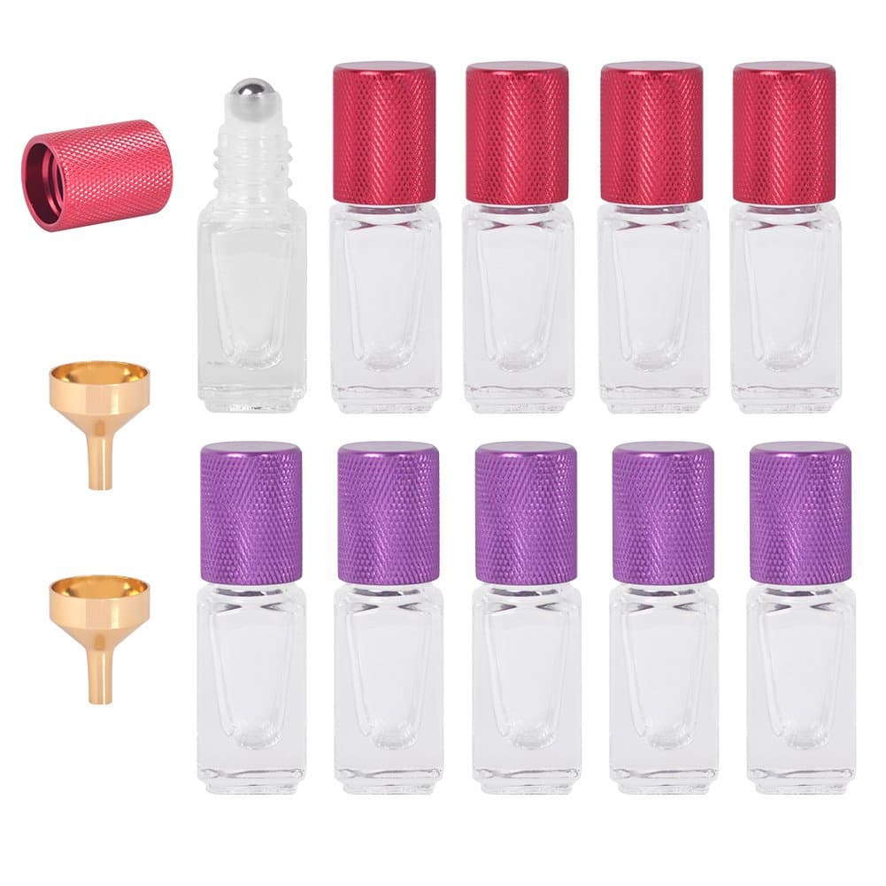 Roller Bottles - 3ML / 0.1OZ Mini Glass Roll-on Bottle for Essential Oils, Perfumes, Aromatherapy Lavender Oils and Lip Balms, Including Stainless Steel Roller Balls and 2 Gold Funnels, Gift for Women