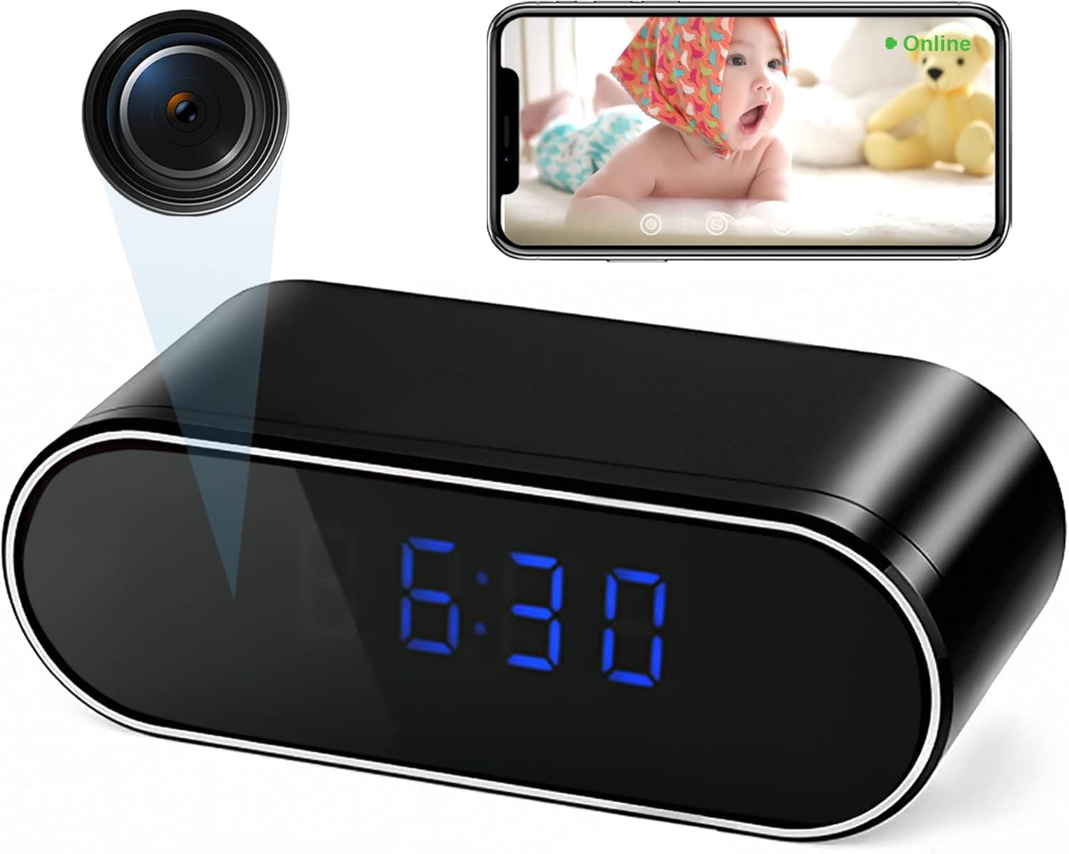 Wireless Security Camera with Alarm Clock, WiFi Pet Camera, Nanny Cams Wireless with Cell Phone App, Home Surveillance HD IP Camera with Night Vision and Motion Detection for Office/Dog/Baby Monitor