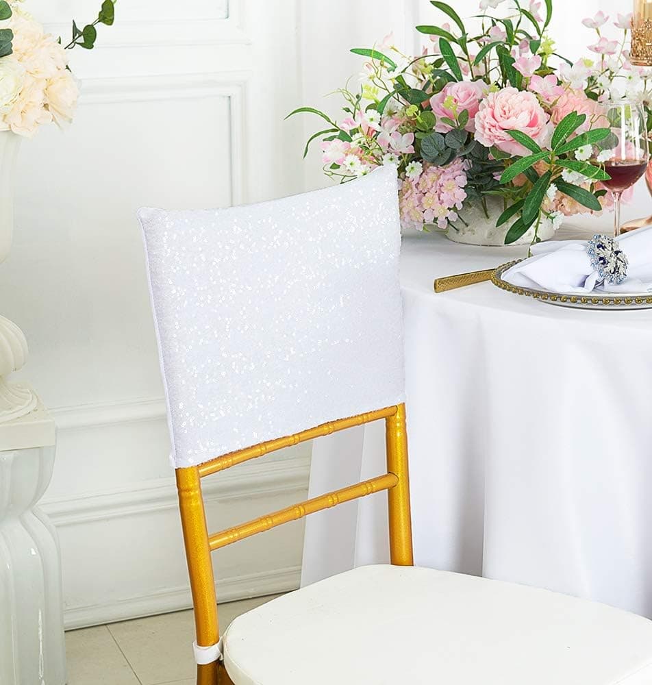 Wedding Linens Inc. (5 PCS Chiavari Chair Covers Caps Sequin Spandex Stretch Chair Cover Cap for Wedding Party Banquet Events - White