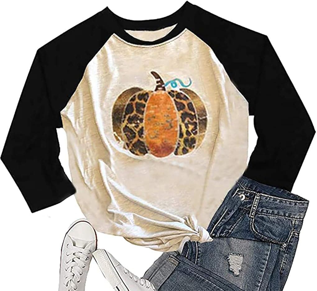 Thankful Greatful Blessed Pumpkin Thanksgiving Shirt for Women Plaid Leopard Pumpkin Tops Raglan Baseball Tshirt