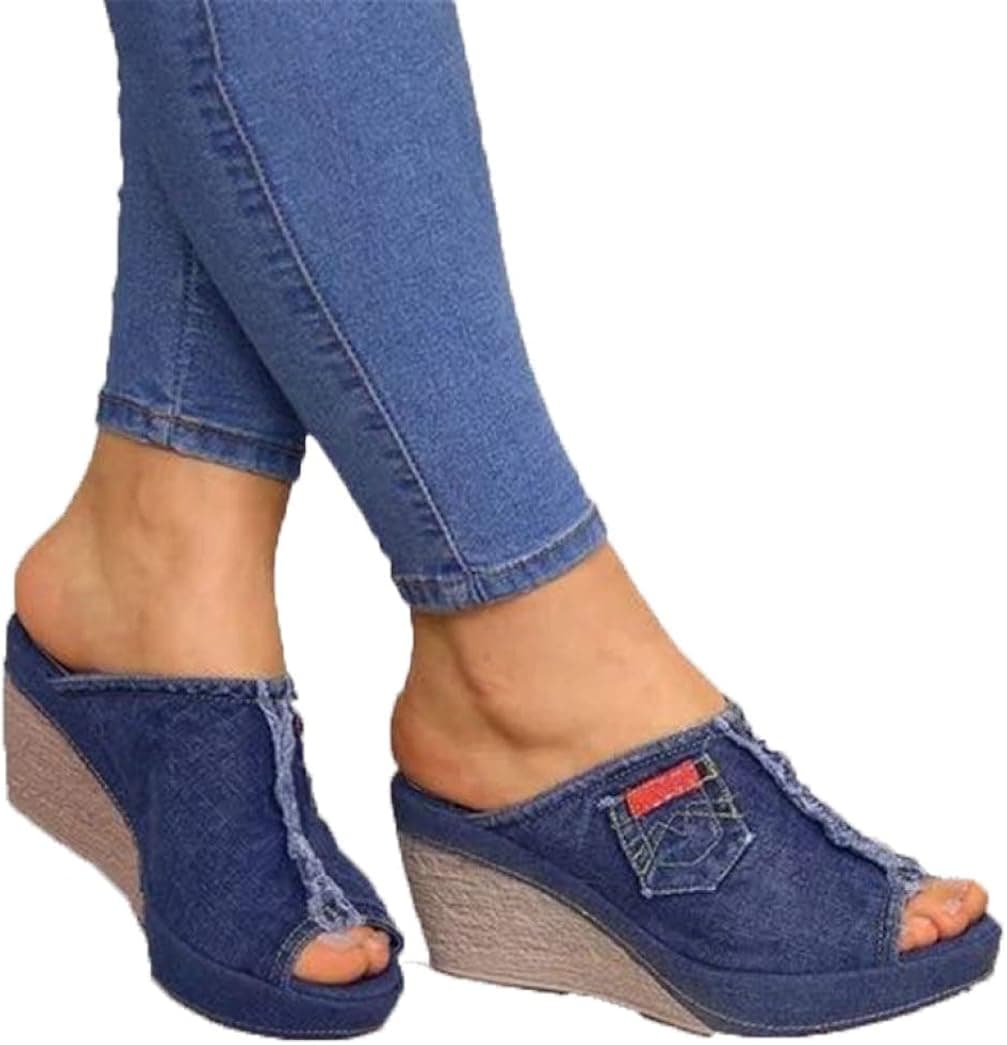 DOSOMI Women's High Heels Slippers Fashion Denim Wedge Sandals Open Toe Platform Shoes