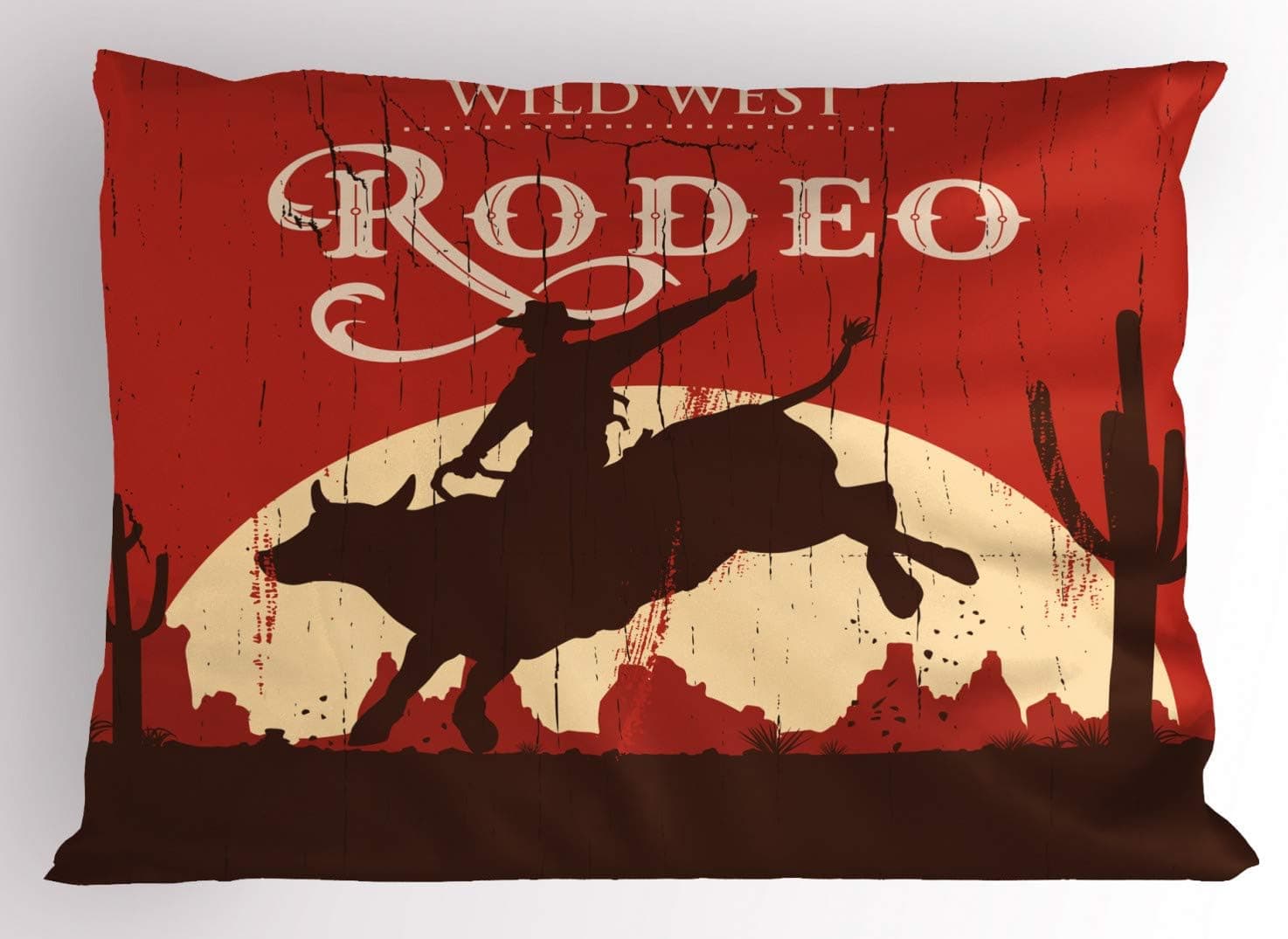 Ambesonne Vintage Pillow Sham, Rodeo Cowboy Riding Bull Wooden Old Sign Western Style Wilderness at Sunset Image, Decorative Standard Size Printed Pillowcase, 26" X 20", Redwood Orange